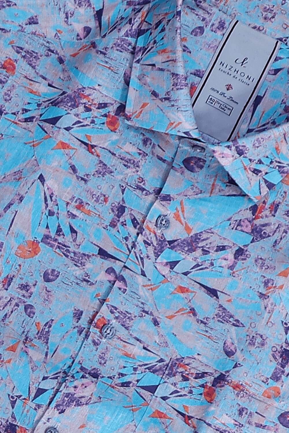 Blue Mix Print Pro Linen Slim Fit Shirt 8564