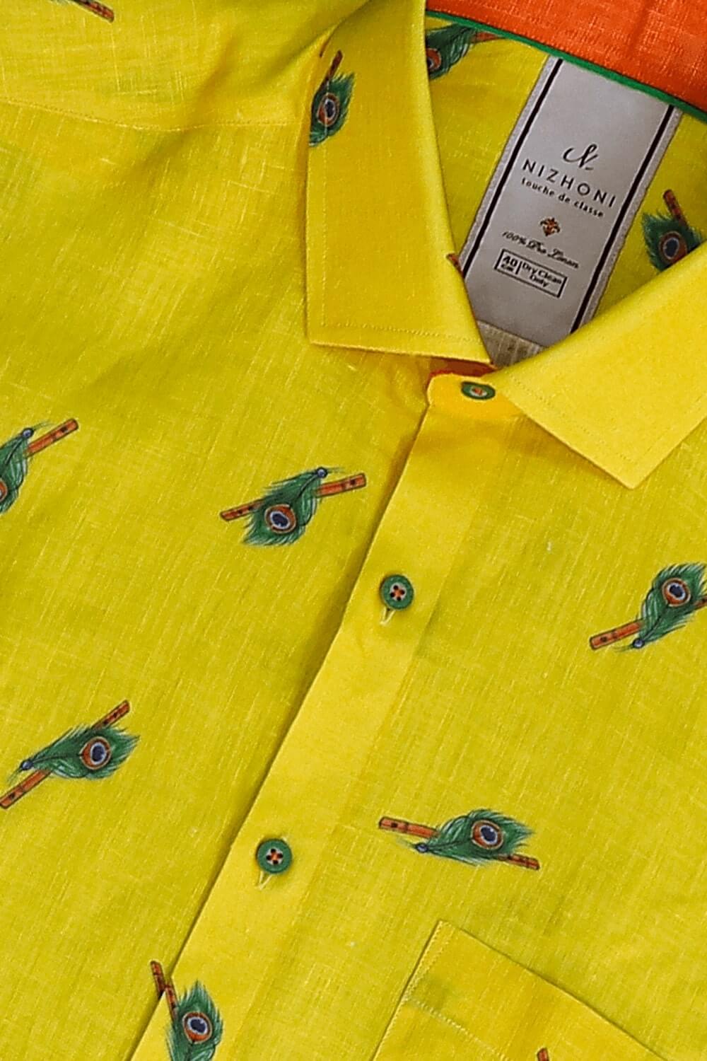 Yellow Peacock Flute Print Pro Linen Slim Fit Shirt 8618