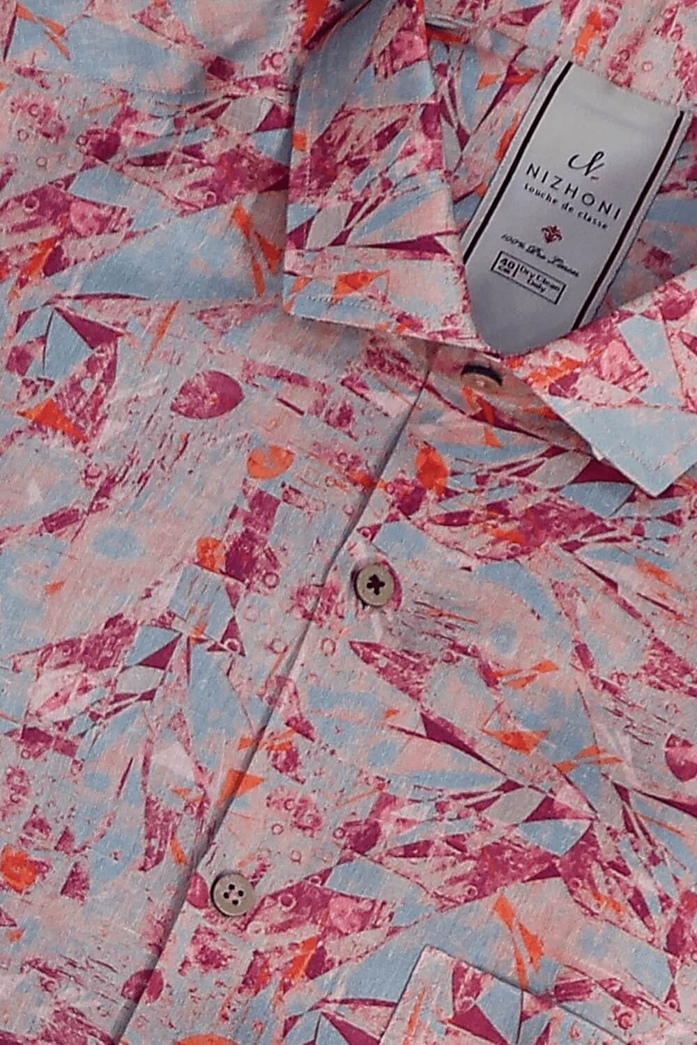 Orange Mix Print Pro Linen Slim Fit Shirt 8563