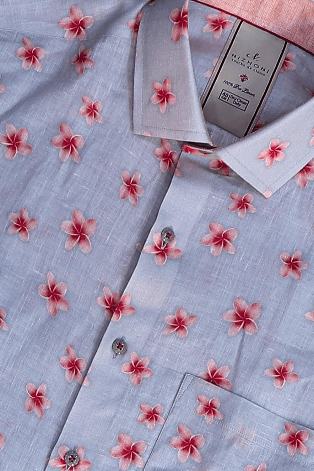 Brown Frangipani Print Pro Linen Slim Fit Shirt 8627