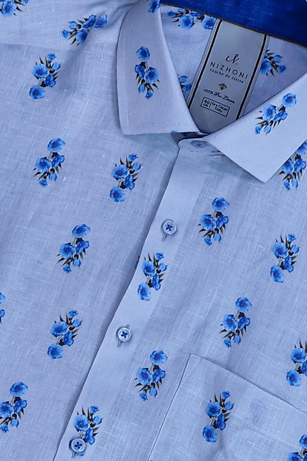 White Blue Flower Print Pro Linen Slim Fit Shirt 8628