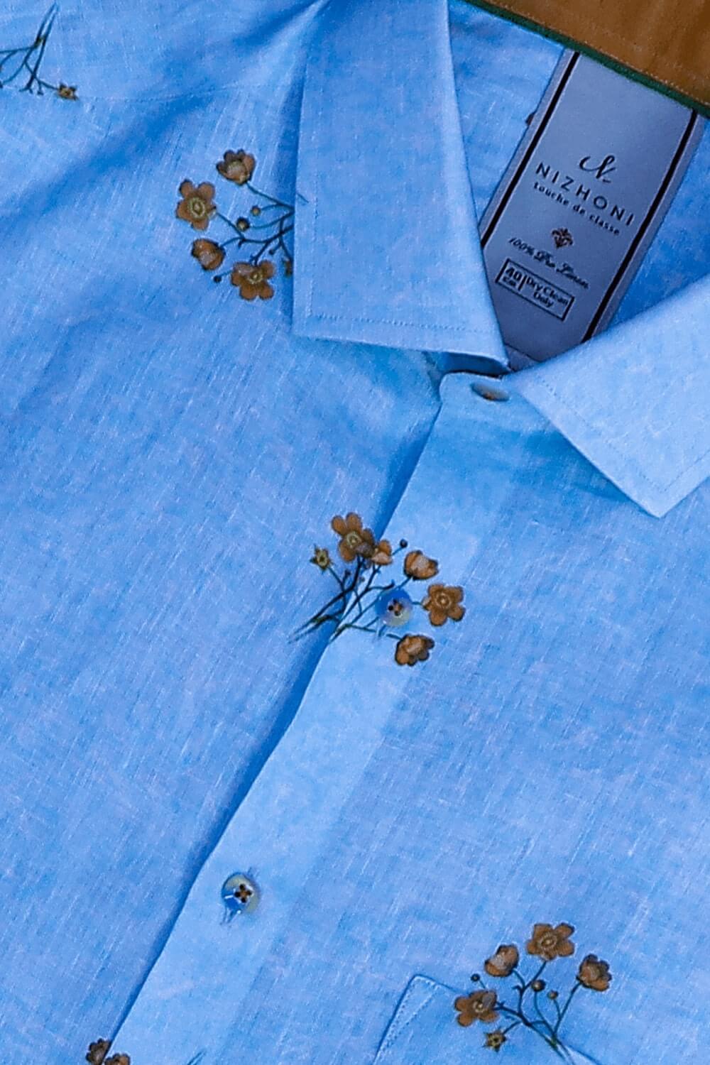 Blue Leves Print Pro Linen Slim Fit Shirt 8625